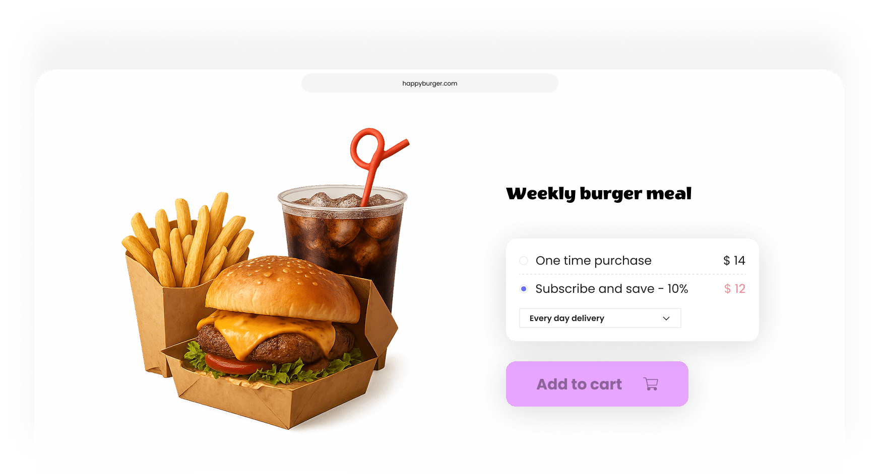 WooCommerce product page showing a weekly burger meal subscription with one-time and subscribe-and-save options powered by Autoocharge
