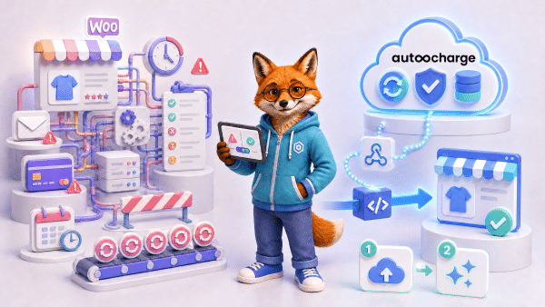Comparison between the complex deployment process with WooCommerce Subscriptions and the simpler, headless deployment process with AutooCharge.
