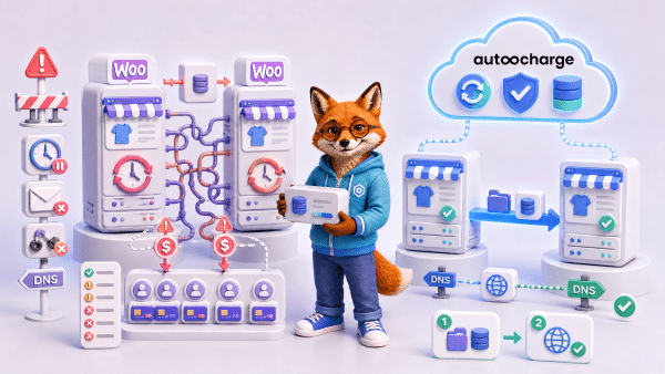 Comparison between a risky WooCommerce Subscriptions migration and a simple migration with AutooCharge's headless solution.